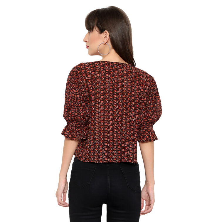 V-Neck Rust Floral Printed Crop Top