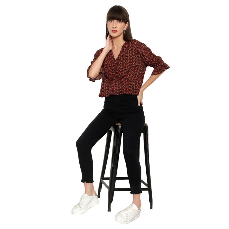 V-Neck Rust Floral Printed Crop Top