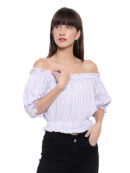 Lavender Striped Off-Shoulder Pure Cotton Bardot Crop Top
