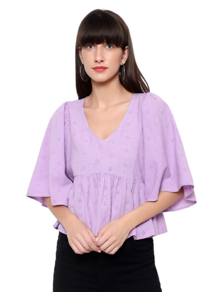 V-Neck Embroidered 3/4 Sleeves Peplum Top