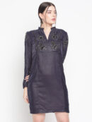 V-Neck Shift Dress in Velvet with Adda on Yoke & Sleeves