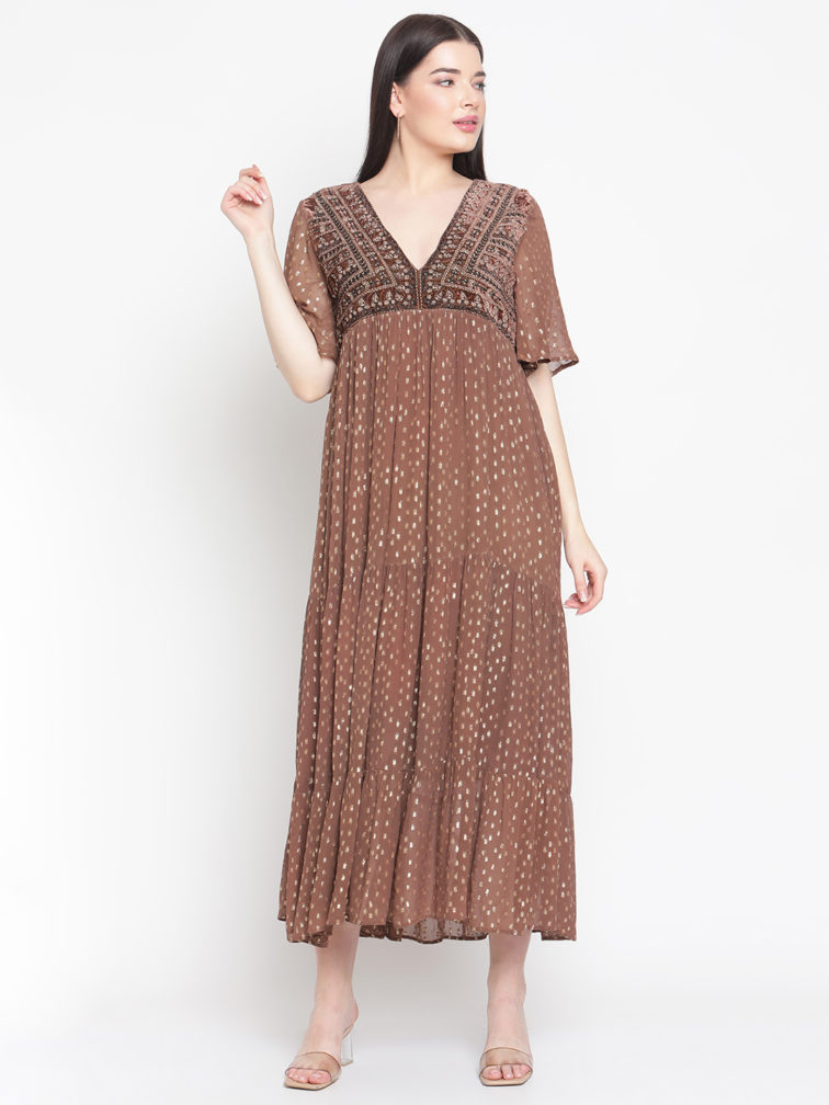 Embroidered V-Neck A-Line Slip-On Dress