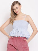 Blue Solid Smocked Peplum Crop Top