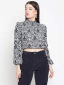 Navy Blue Print Satin Crop Top