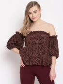 Brown Animal Print Off-Shoulder Ruffles Crepe Bardot Top