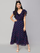 POLKA DOT PRINTED V-NECK FLUTTER SLEEVES A-LINE DRESS