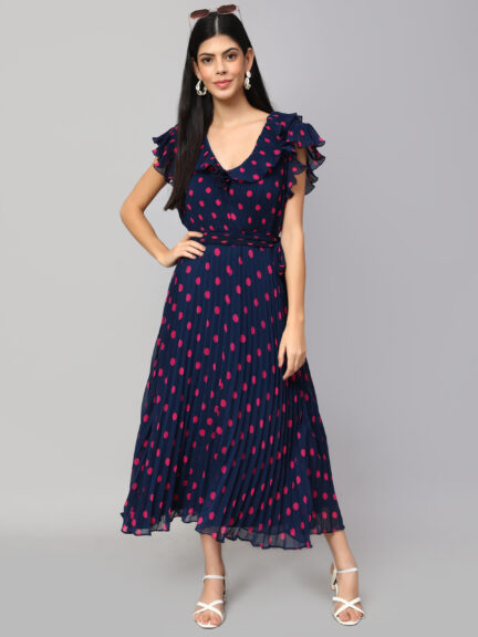 POLKA DOT PRINTED V-NECK FLUTTER SLEEVES A-LINE DRESS
