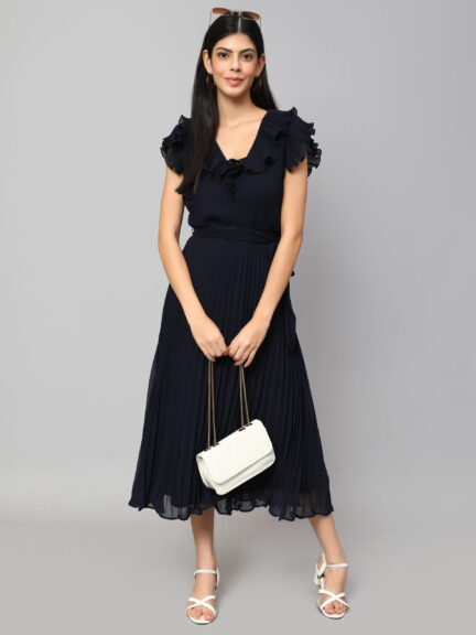 NAVY COLOR FLUTTER SLEEVE FIT & FLARE MIDI DRESS