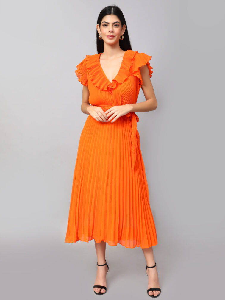 RUFFLED DETAILED V-NECK FLUTTER SLEEVES A-LINE DRESS