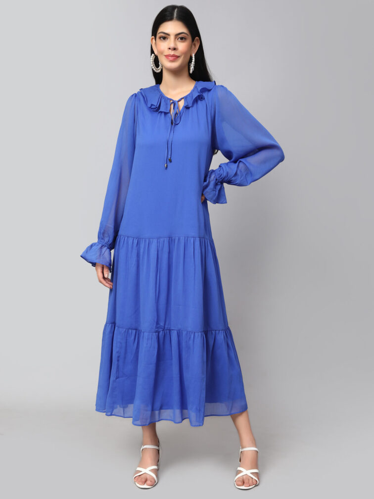 TIERED DETAILED TIE-UP NECK PUFF SLEEVE A-LINE DRESS