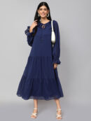 TIERED DETAILED TIE-UP NECK PUFF SLEEVE A-LINE DRESS