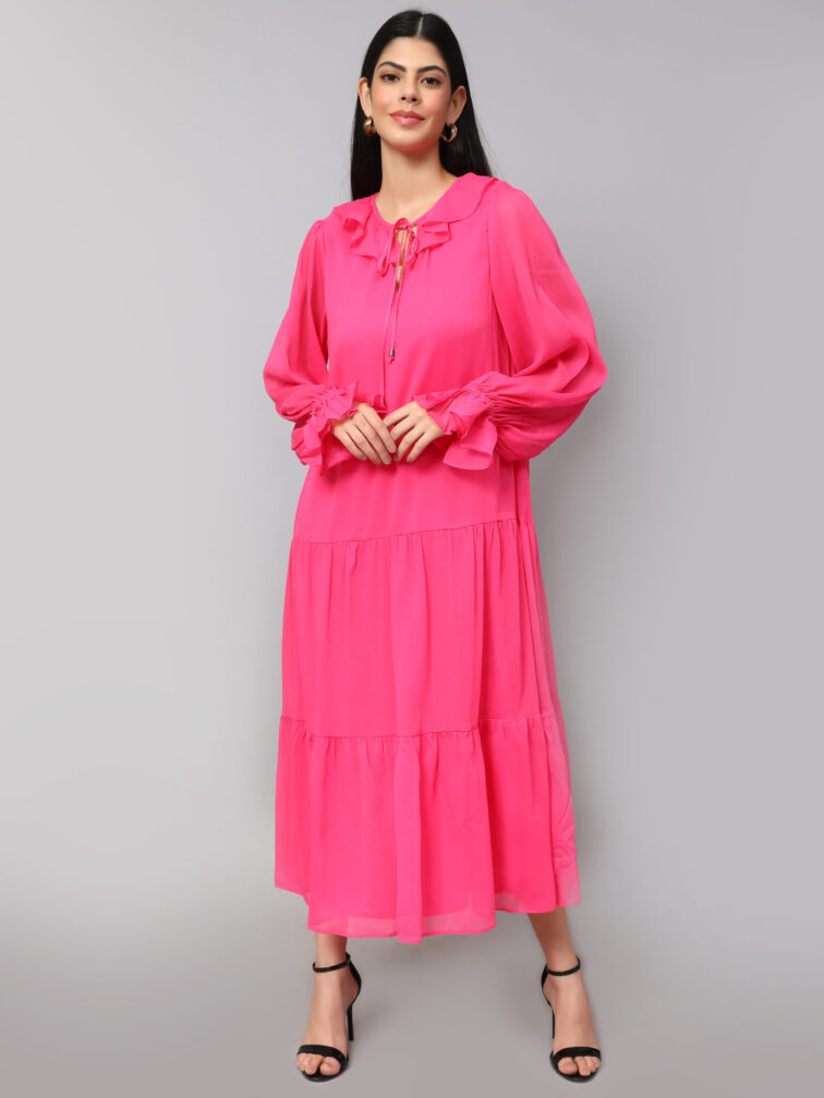 TIERED DETAILED TIE-UP NECK PUFF SLEEVE A-LINE DRESS
