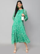 FLORAL PRINTED TIERED DETAILED TIE-UP NECK PUFF SLEEVE A-LINE DRESS