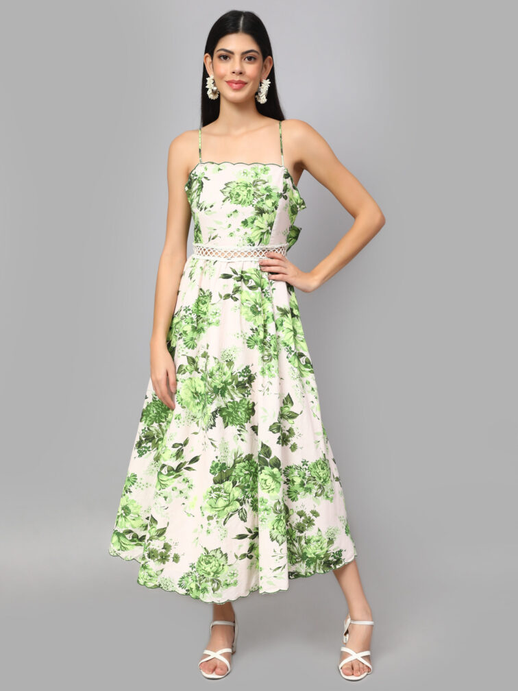 FLORAL GREEN COLOR A LINE DRESS