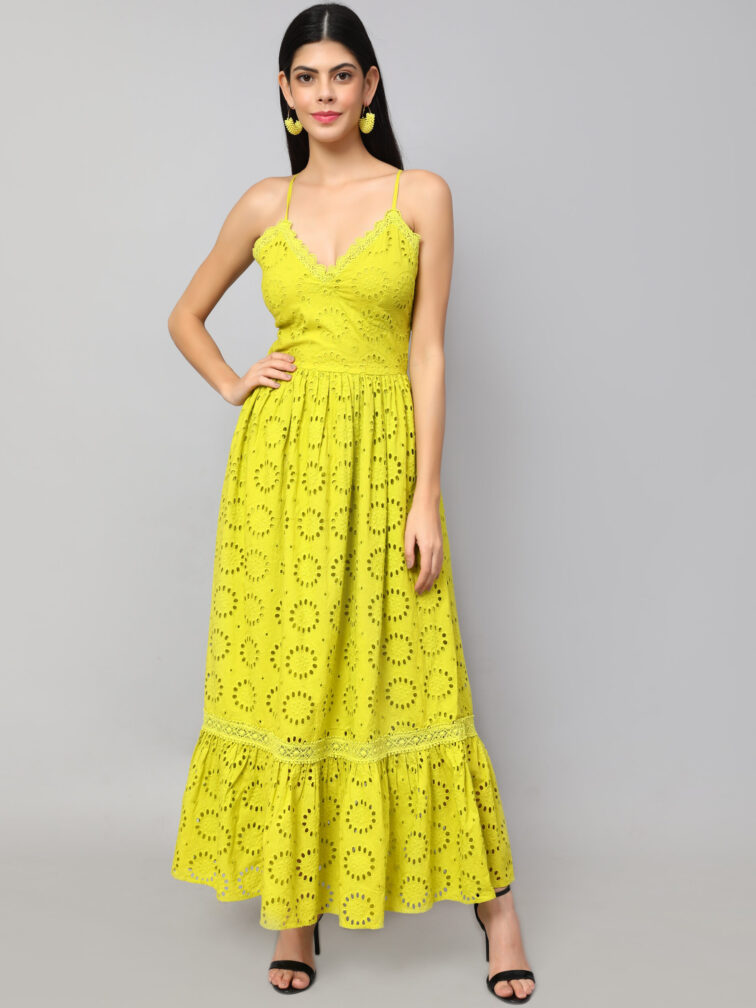 Mustard Cotton Schiffli Maxi Dress