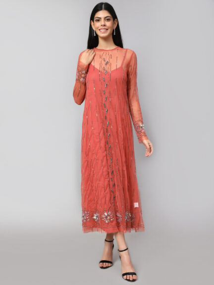 Solid Salmon Pink Color A Line Midi Dress