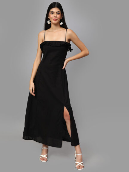 Shoulder Straps Ruffled Pure Cotton Maxi Dress
