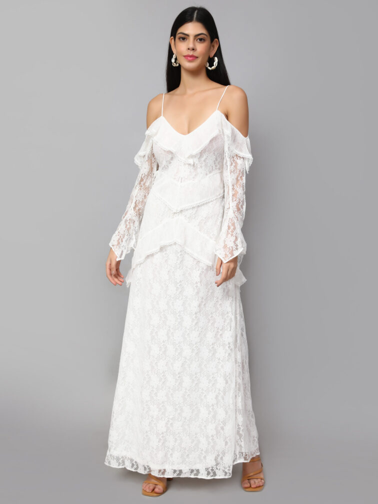 Self Designed V-Neck Cold-Shoulder Maxi Dress