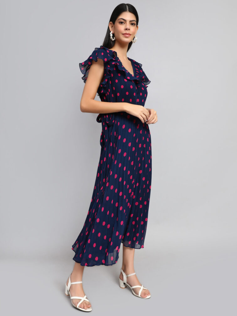 POLKA DOT PRINTED V-NECK FLUTTER SLEEVES A-LINE DRESS