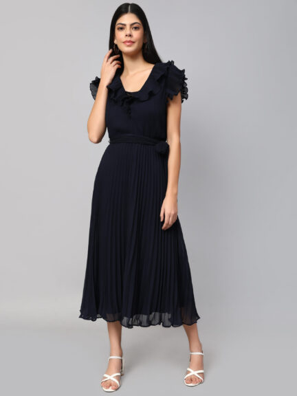 NAVY COLOR FLUTTER SLEEVE FIT & FLARE MIDI DRESS