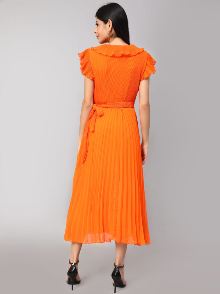 RUFFLED DETAILED V-NECK FLUTTER SLEEVES A-LINE DRESS