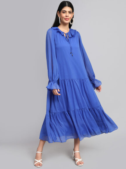 TIERED DETAILED TIE-UP NECK PUFF SLEEVE A-LINE DRESS