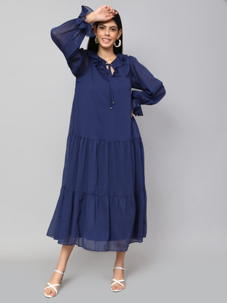 TIERED DETAILED TIE-UP NECK PUFF SLEEVE A-LINE DRESS