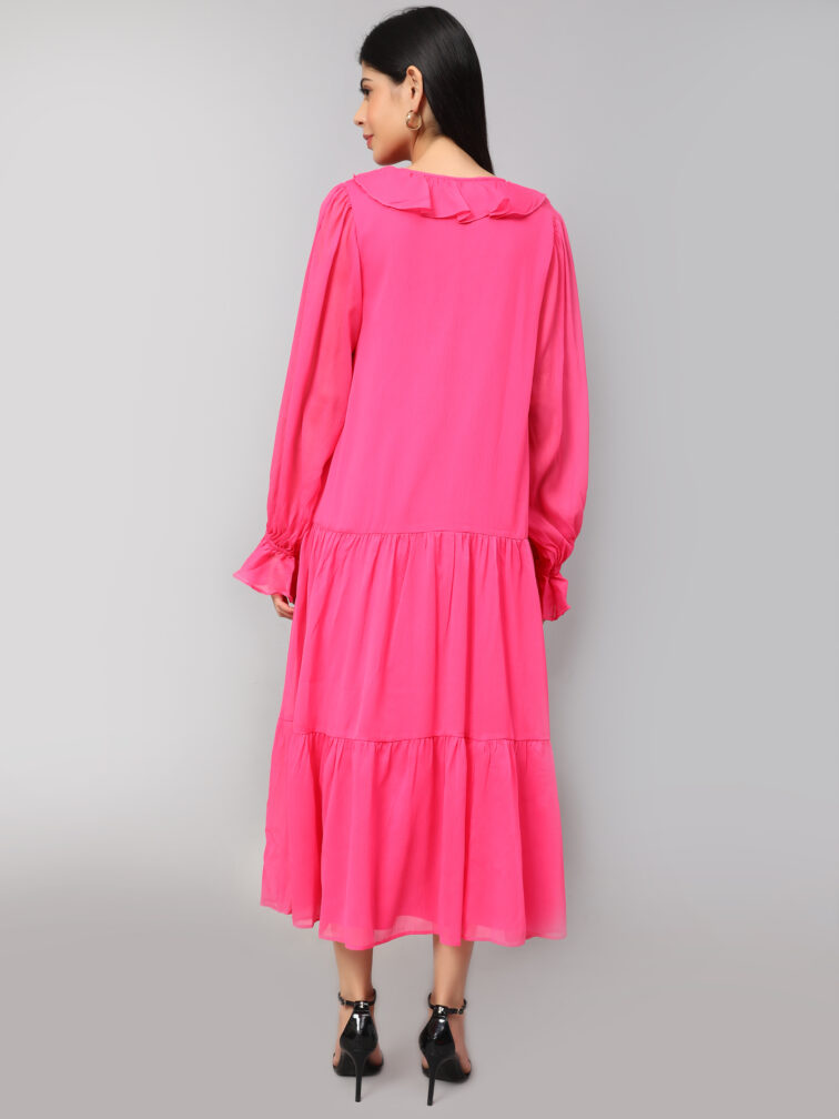 TIERED DETAILED TIE-UP NECK PUFF SLEEVE A-LINE DRESS
