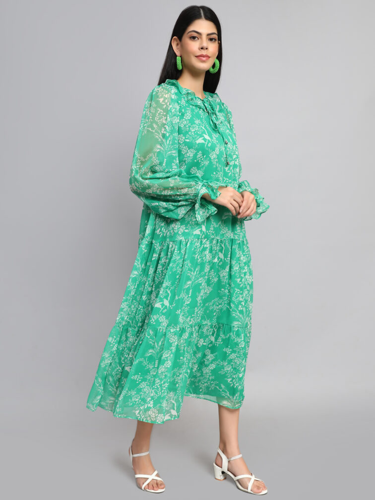 FLORAL PRINTED TIERED DETAILED TIE-UP NECK PUFF SLEEVE A-LINE DRESS