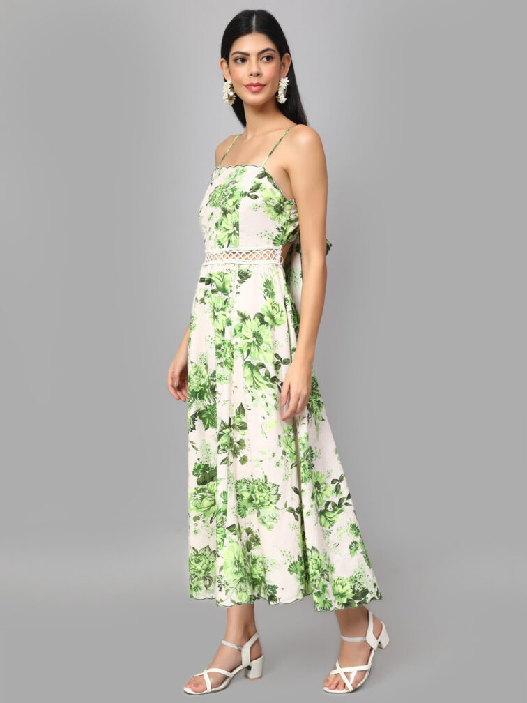 FLORAL GREEN COLOR A LINE DRESS