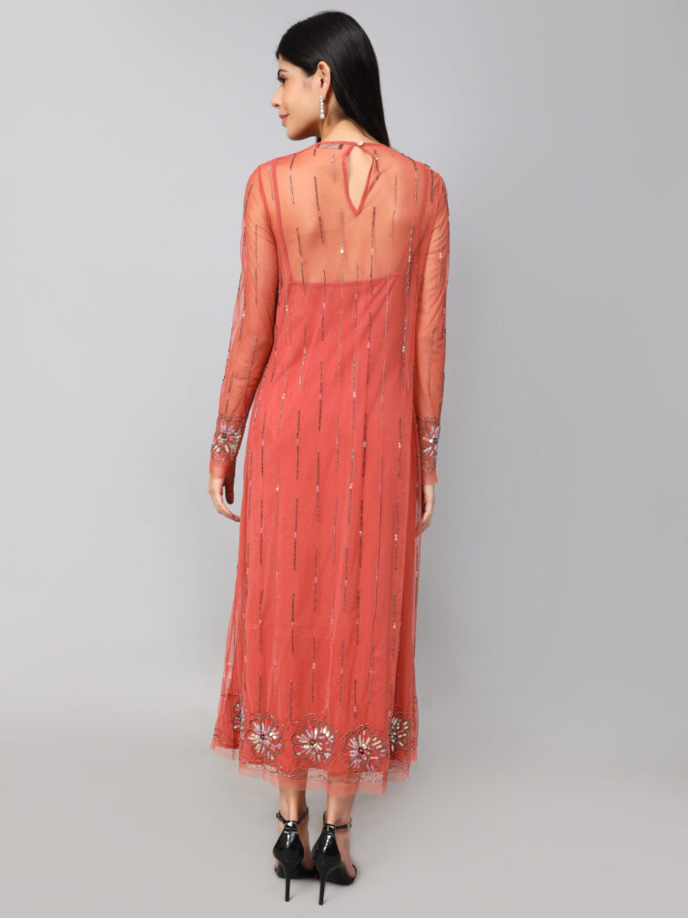 Solid Salmon Pink Color A Line Midi Dress