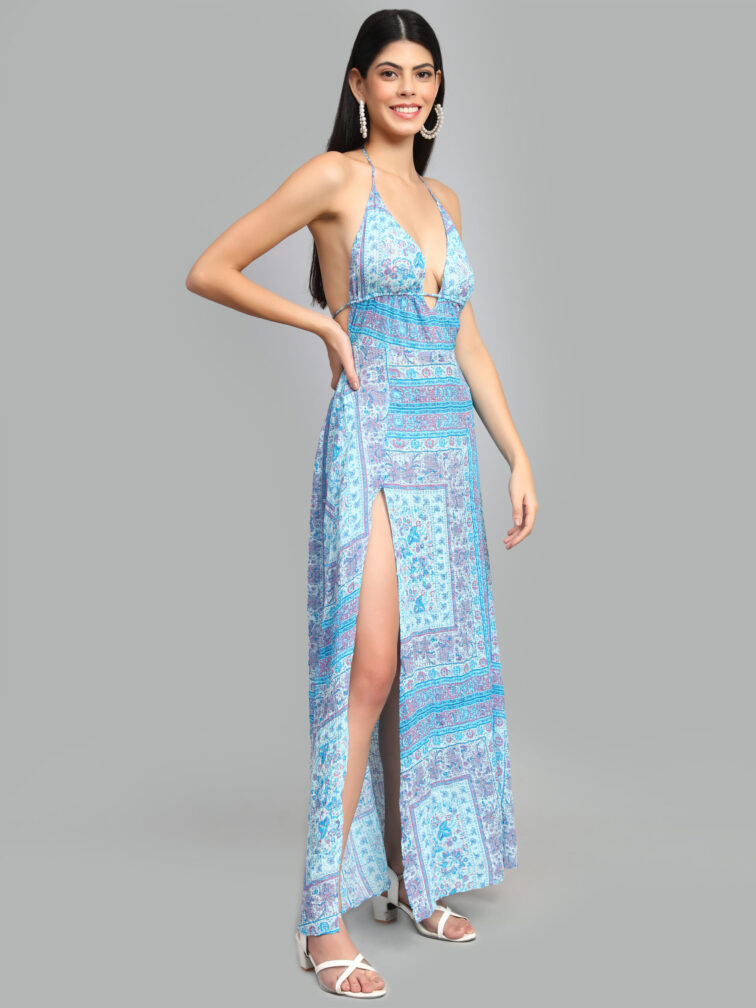 Floral Printed Halter Neck Tie-Ups Maxi Dress