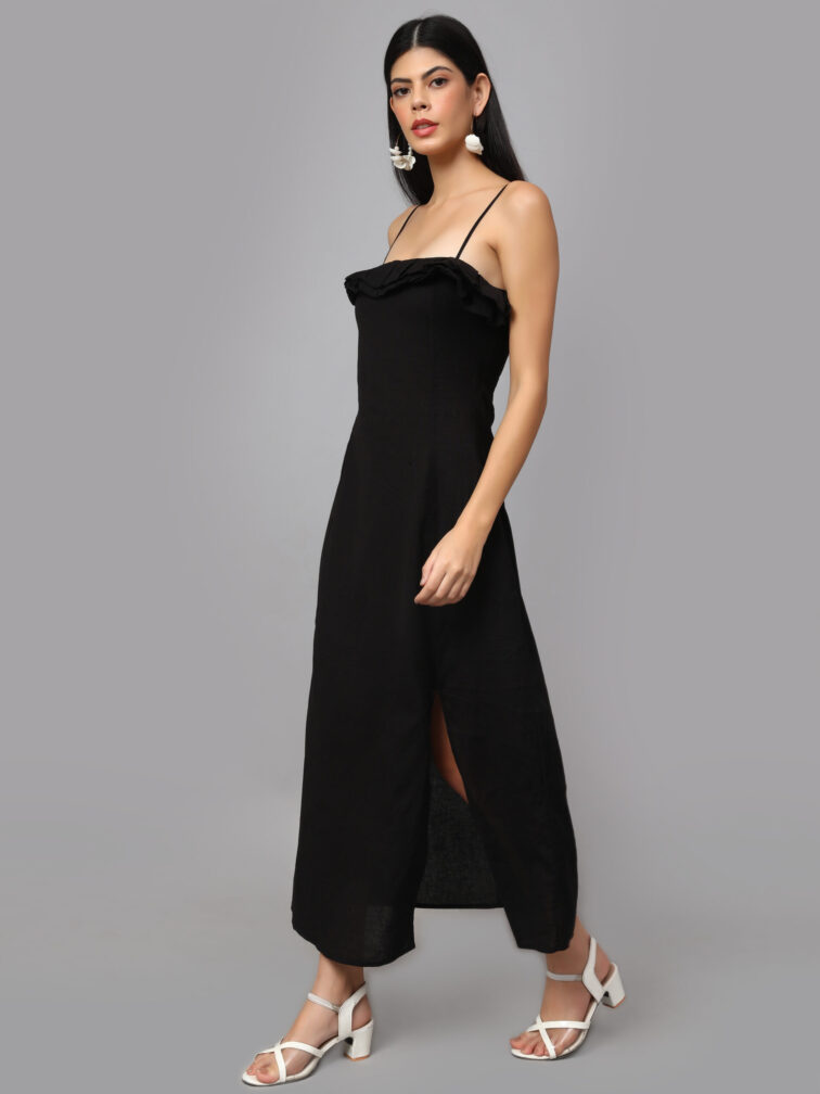 Shoulder Straps Ruffled Pure Cotton Maxi Dress