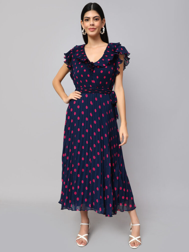 POLKA DOT PRINTED V-NECK FLUTTER SLEEVES A-LINE DRESS