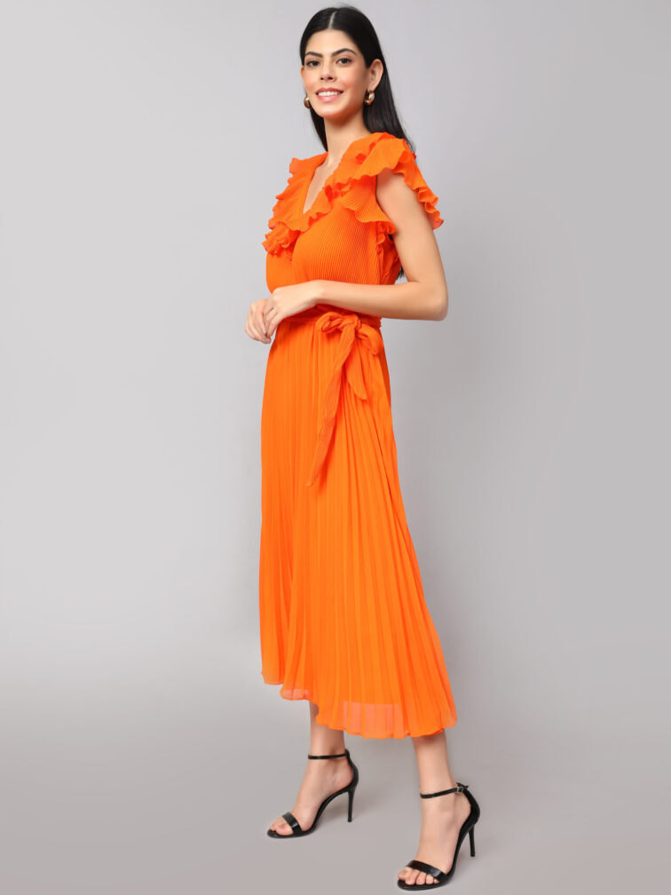RUFFLED DETAILED V-NECK FLUTTER SLEEVES A-LINE DRESS