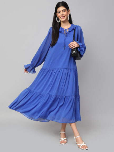 TIERED DETAILED TIE-UP NECK PUFF SLEEVE A-LINE DRESS
