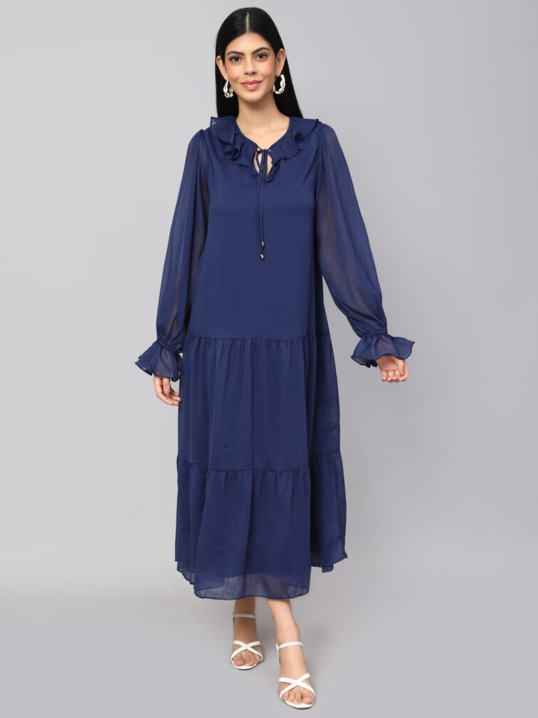 TIERED DETAILED TIE-UP NECK PUFF SLEEVE A-LINE DRESS