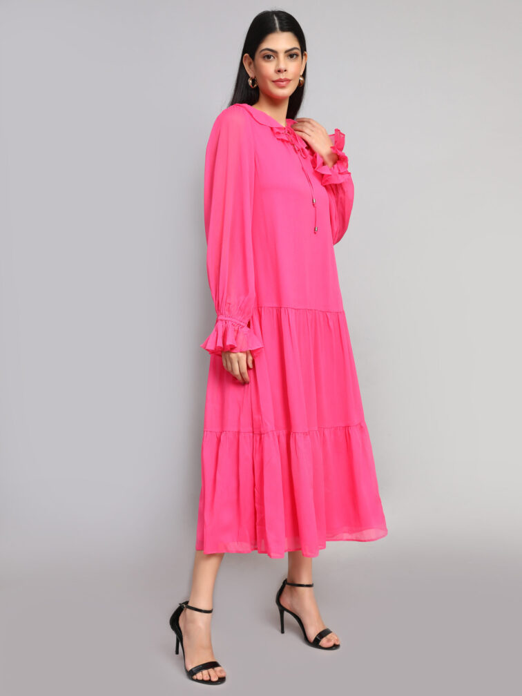 TIERED DETAILED TIE-UP NECK PUFF SLEEVE A-LINE DRESS