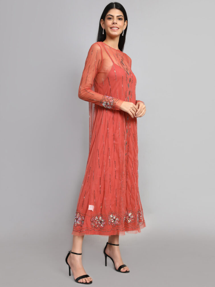 Solid Salmon Pink Color A Line Midi Dress