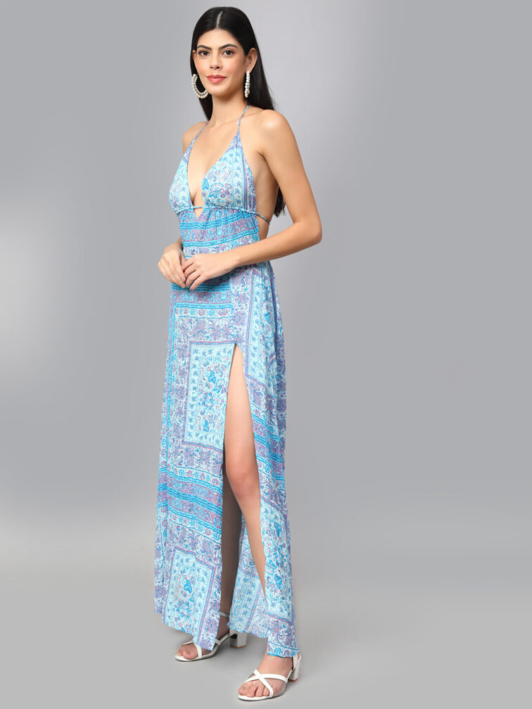 Floral Printed Halter Neck Tie-Ups Maxi Dress