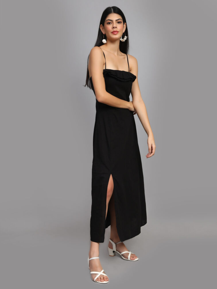 Shoulder Straps Ruffled Pure Cotton Maxi Dress