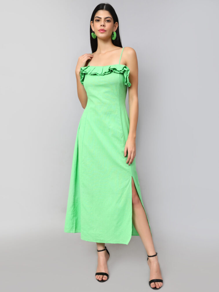 Ruffled Shoulder Straps A-Line Pure Cotton Maxi Dress