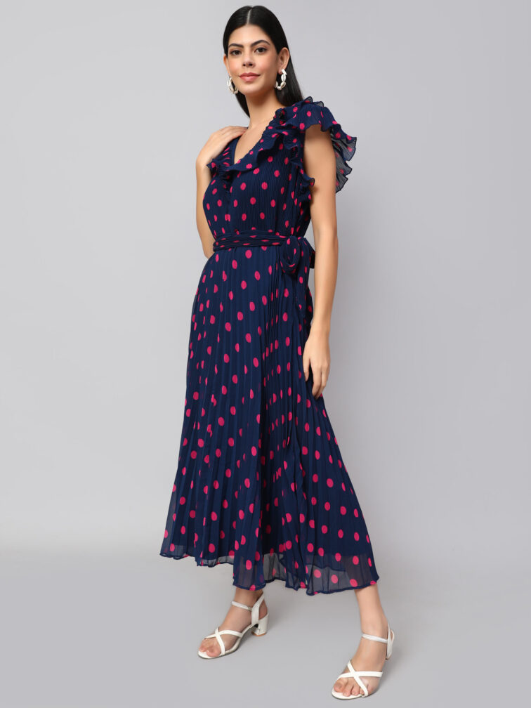 POLKA DOT PRINTED V-NECK FLUTTER SLEEVES A-LINE DRESS