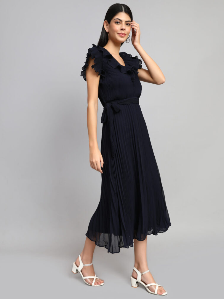 NAVY COLOR FLUTTER SLEEVE FIT & FLARE MIDI DRESS