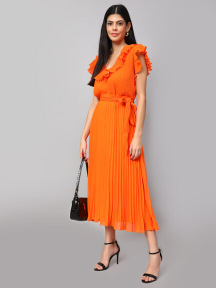 RUFFLED DETAILED V-NECK FLUTTER SLEEVES A-LINE DRESS