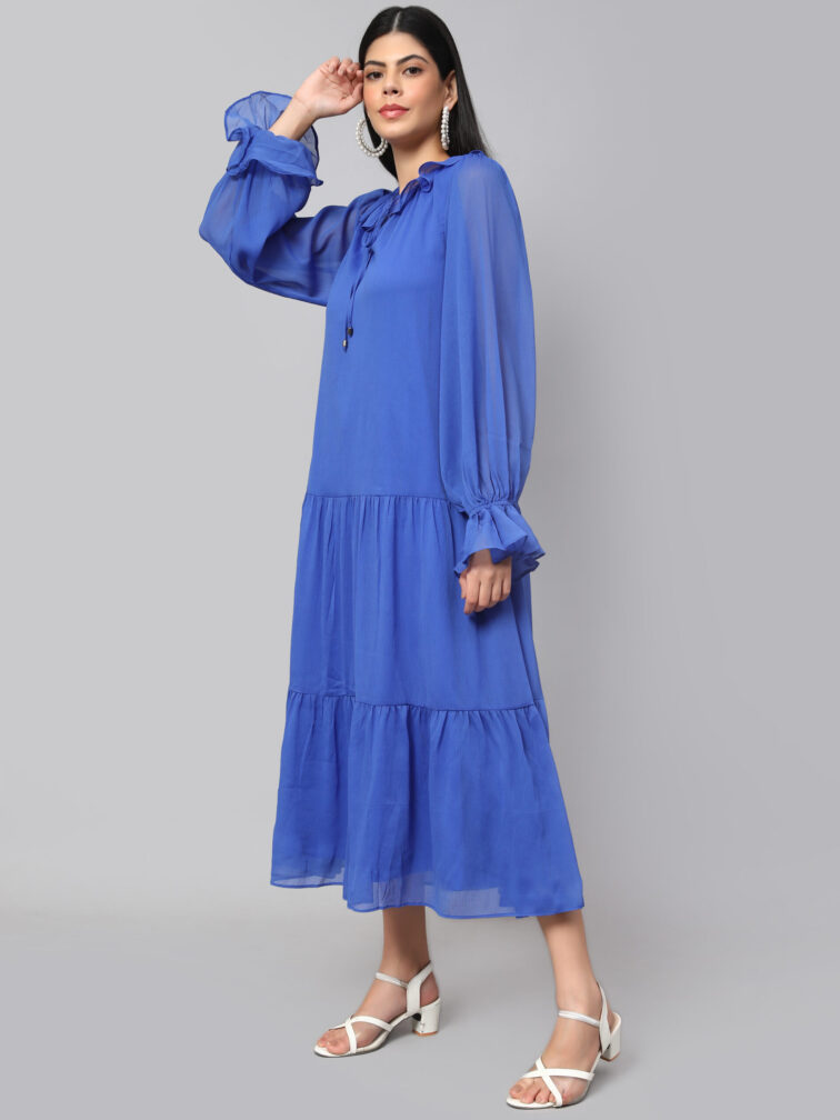 TIERED DETAILED TIE-UP NECK PUFF SLEEVE A-LINE DRESS