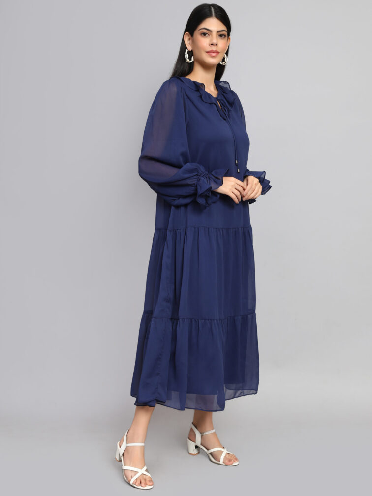 TIERED DETAILED TIE-UP NECK PUFF SLEEVE A-LINE DRESS