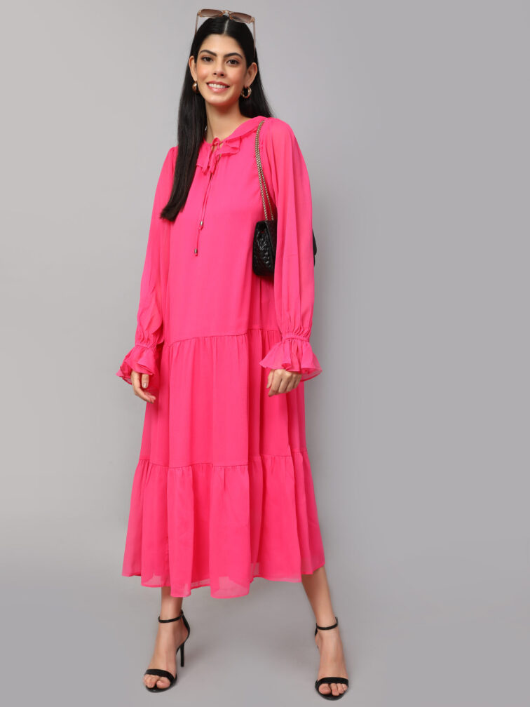TIERED DETAILED TIE-UP NECK PUFF SLEEVE A-LINE DRESS