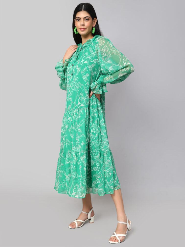 FLORAL PRINTED TIERED DETAILED TIE-UP NECK PUFF SLEEVE A-LINE DRESS