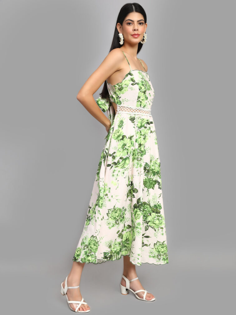 FLORAL GREEN COLOR A LINE DRESS